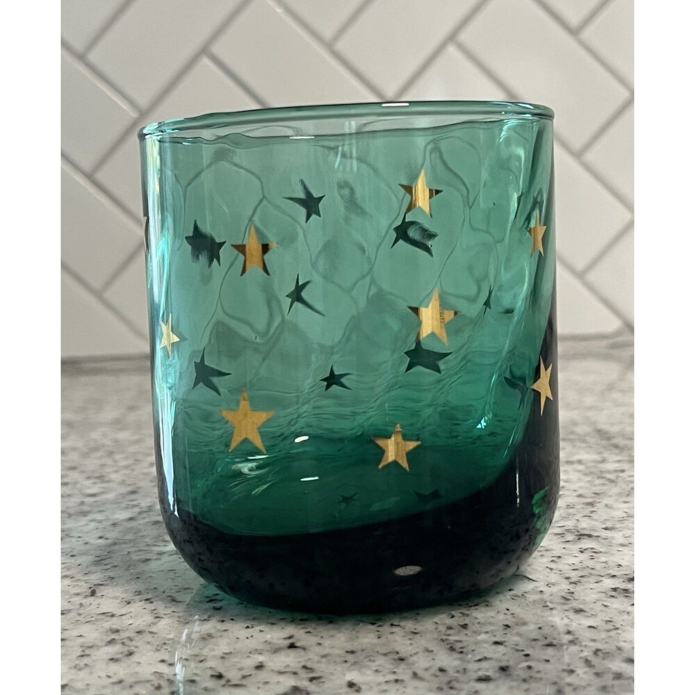 Anchor Hocking Celestial Swirl Teal Blue Glass Gold Stars Tumbler 4” USA